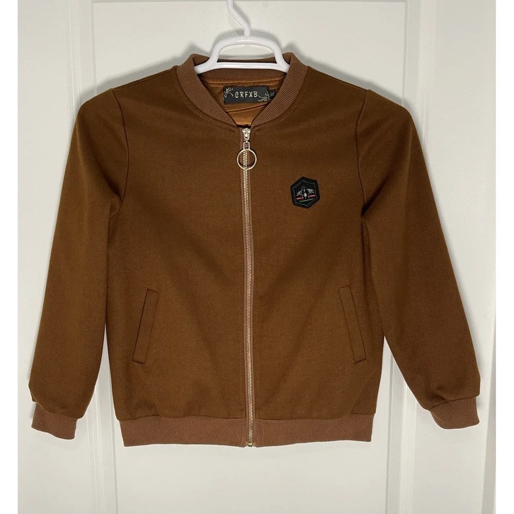 CRFXB Suede Feel Brown‎ Mens Bomber Jacket Size XL Gold Zipper And Bee Preppy